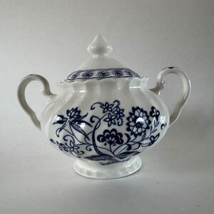 Vintage J&G Meakin Blue Nordic Sugar Bowl with Lid Made in England Blue White